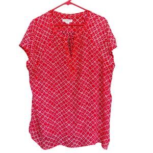 Liz Claiborne Womens Blouse Plus Size 1X Red White Tie Front‎ Geometric Sheer